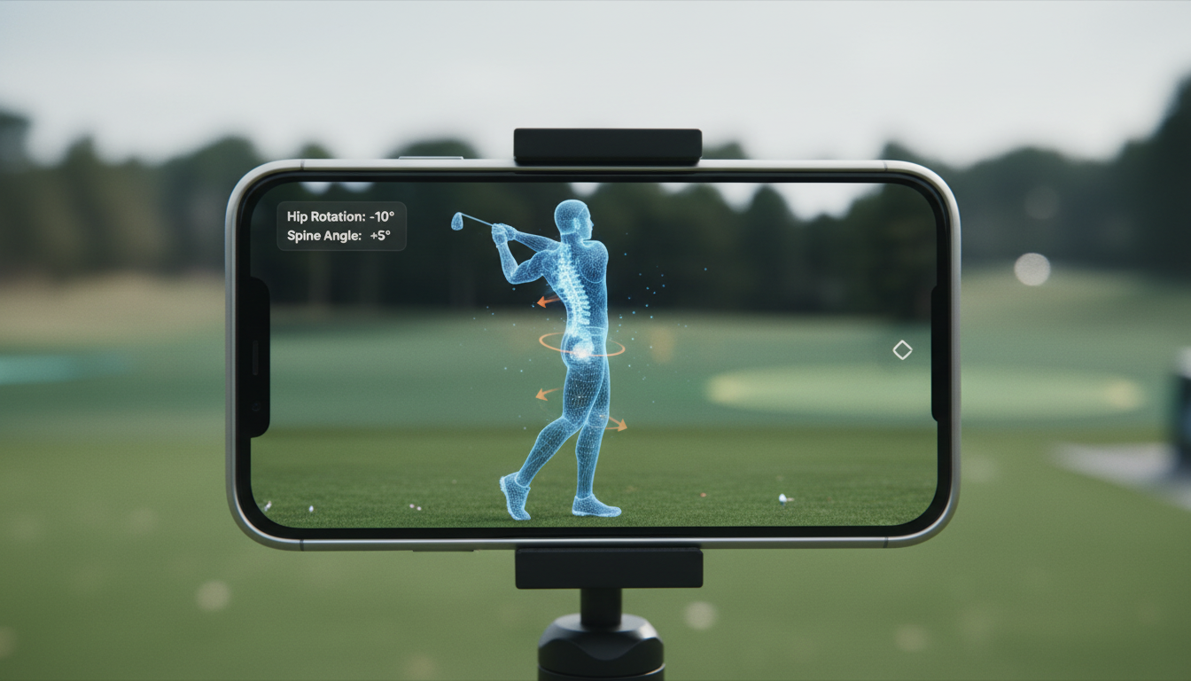 A swing with the Golf Aibo mesh, bone overlay and rotation metrics in the view
